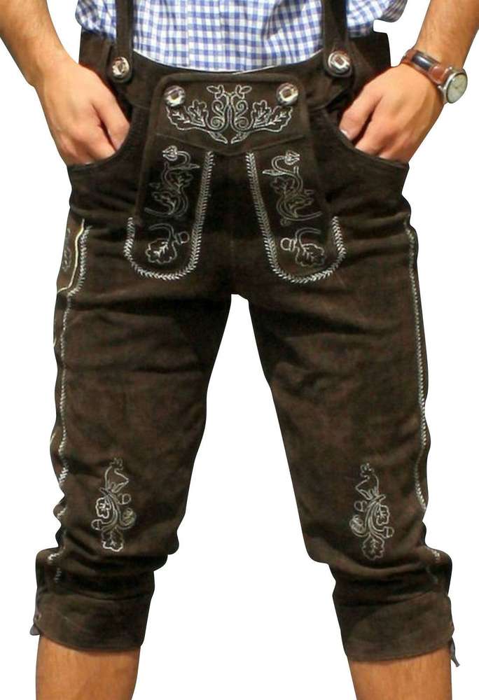 A man wearing a pair of traditional German Lederhosen for Oktoberfest in dark brown, over knee-lenght. This is the front view.