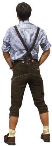 A man wearing a pair of traditional German Lederhosen for Oktoberfest in dark brown, over knee-lenght. This is the back view.