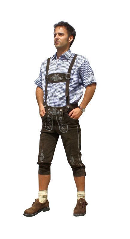 A man wearing a pair of traditional German Lederhosen for Oktoberfest in dark brown, over knee-lenght. This is the full view of the man from a side angle.